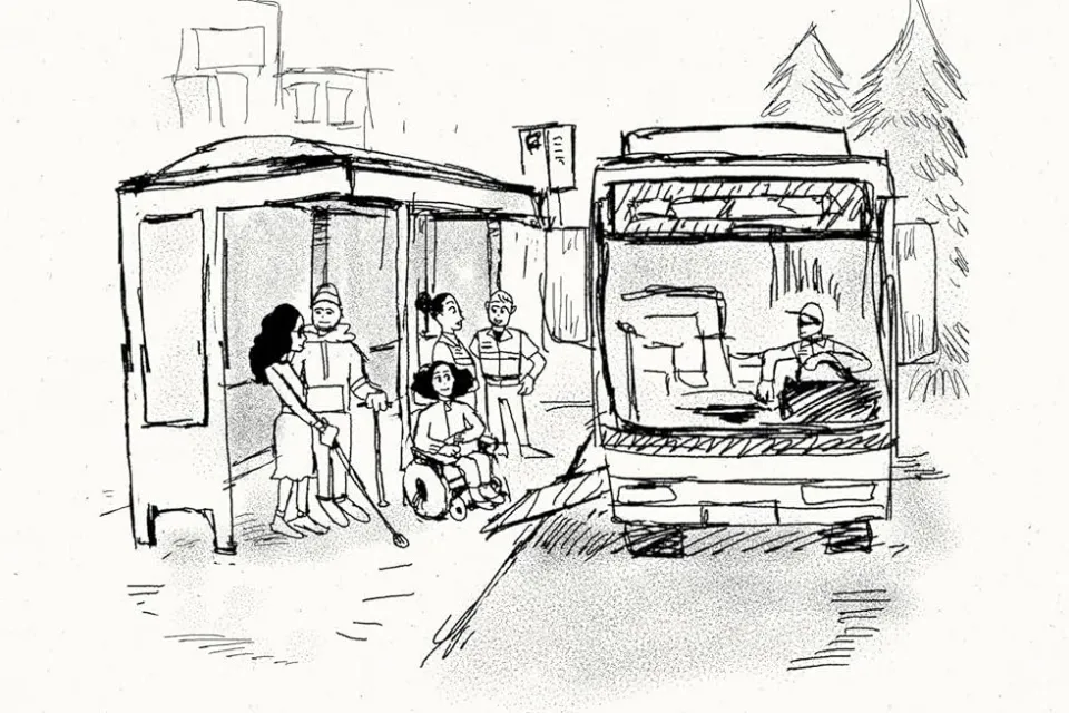 Line drawing of busy streetcar on city street.